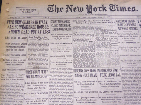 1930 JULY 26 NEW YORK TIMES - FIVE NEW QUAKES IN ITALY, 1883 KNOWN DEAD- NT 4939