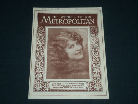 1926 JUNE 20 THE WONDER THEATRE METROPOLITAN PROGRAM - ALYCE MILLS - J 4085