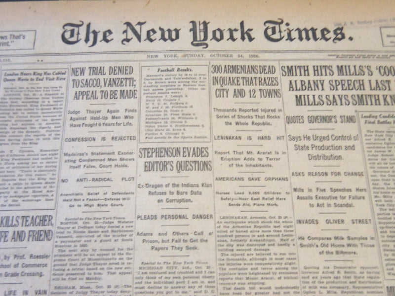 1926 OCTOBER 24 NEW YORK TIMES - NEW TRIAL DENIED TO SACCO & VANZETTI - NT 5688