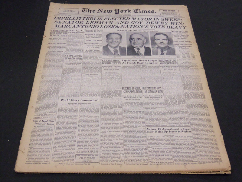 1950 NOVEMBER 8 NEW YORK TIMES - IMPELLITTERI, LEHMAN, DEWEY ELECTED - NT 4289