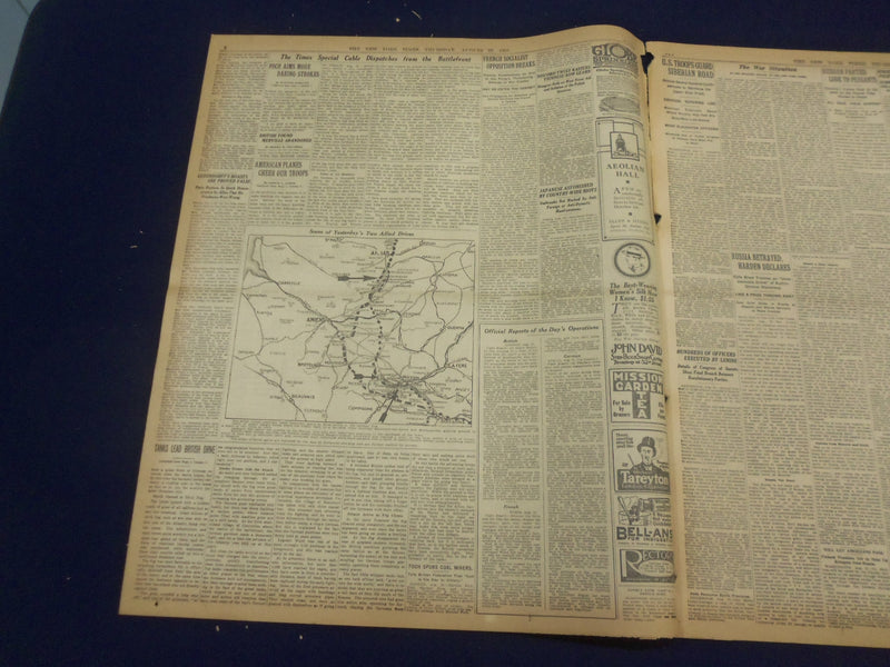 1918 AUGUST 22 NEW YORK TIMES - HAIG SMASHES GERMAN LINE ABOVE ALBERT - NT 9204