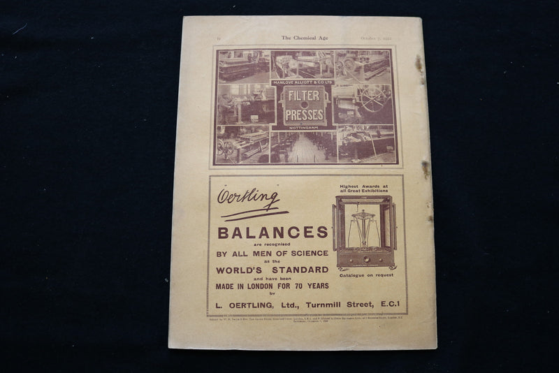 1922 OCTOBER 7 THE CHEMICAL AGE MAGAZINE - R.W. GREEFF & CO. COVER - SP 4924O