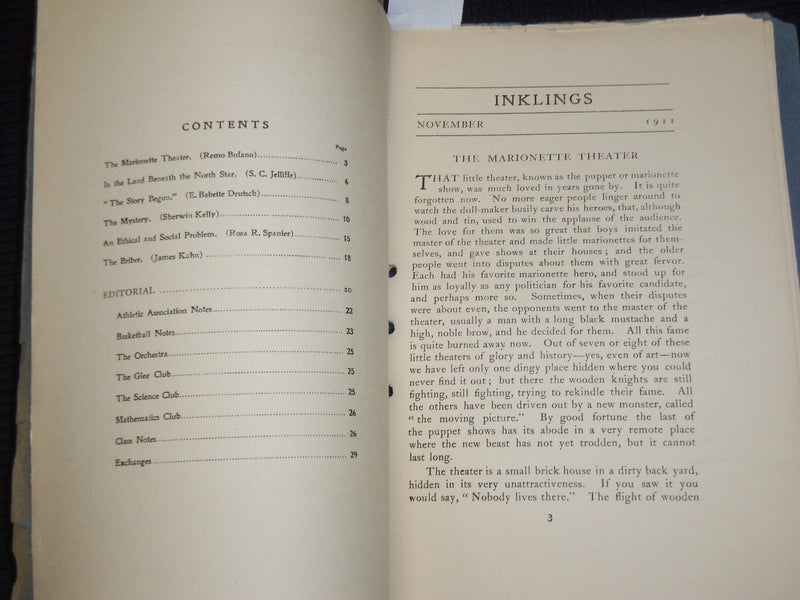 1911 NOVEMBER INKLINGS ETHICAL CULTURE HIGH SCHOOL MAGAZINE - NEW YORK - K 544