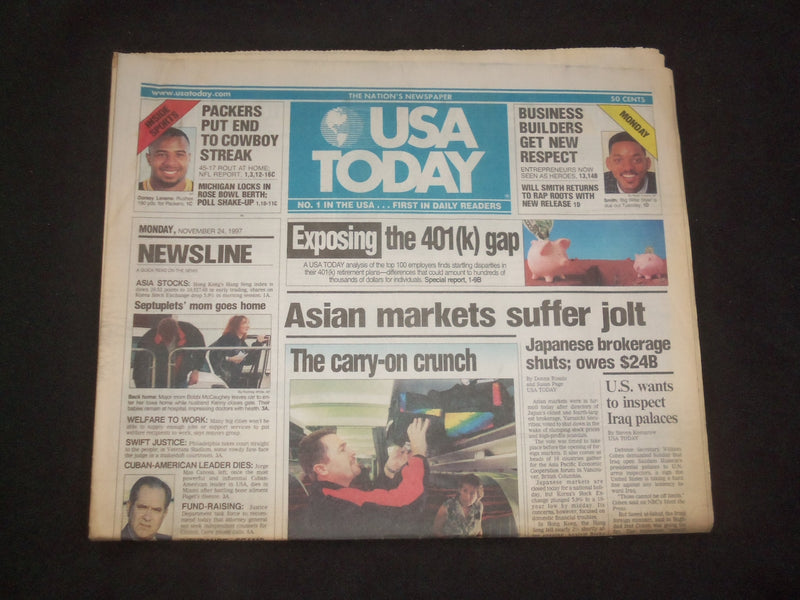 1997 NOVEMBER 24 USA TODAY NEWSPAPER - ASIAN MARKETS SUFFER JOLT - NP 7887