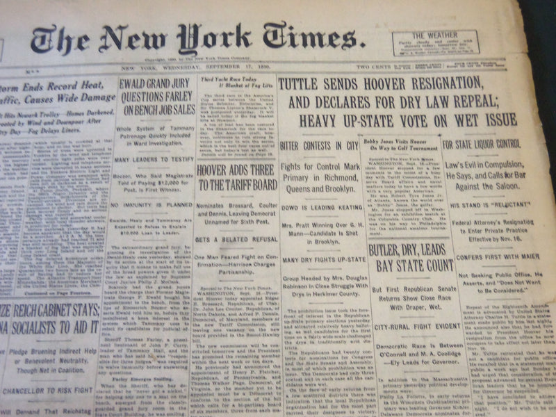 1930 SEPTEMBER 17 NEW YORK TIMES - TUTTLE SENDS HOOVER RESIGNATION - NT 5742