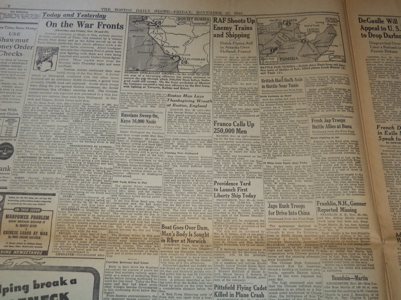 1942 NOVEMBER 27 BOSTON DAILY GLOBE NEWSPAPER - SOVIETS SWEEP ON - NT 9460