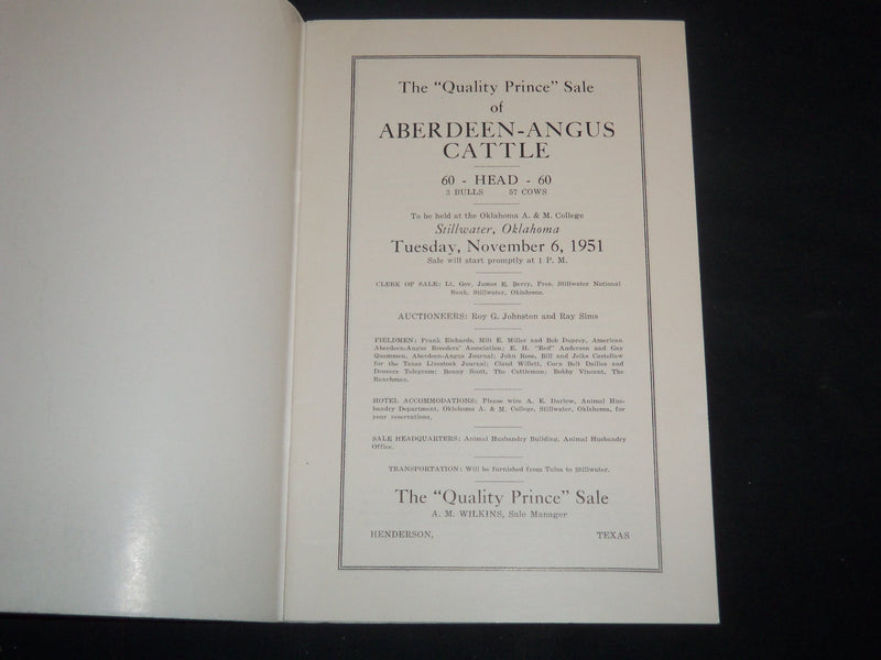 1951 QUALITY PRINCE BREEDERS' CATTLE SALE CATALOG - STILLWATER OKLAHOMA - J 9230