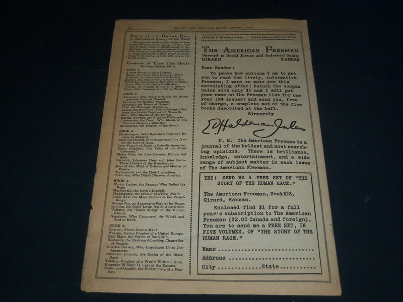 1933 JAN 1 NEW YORK TIMES BOOK REVIEW SECTION - MUSSOLINI COVER - NP 3773
