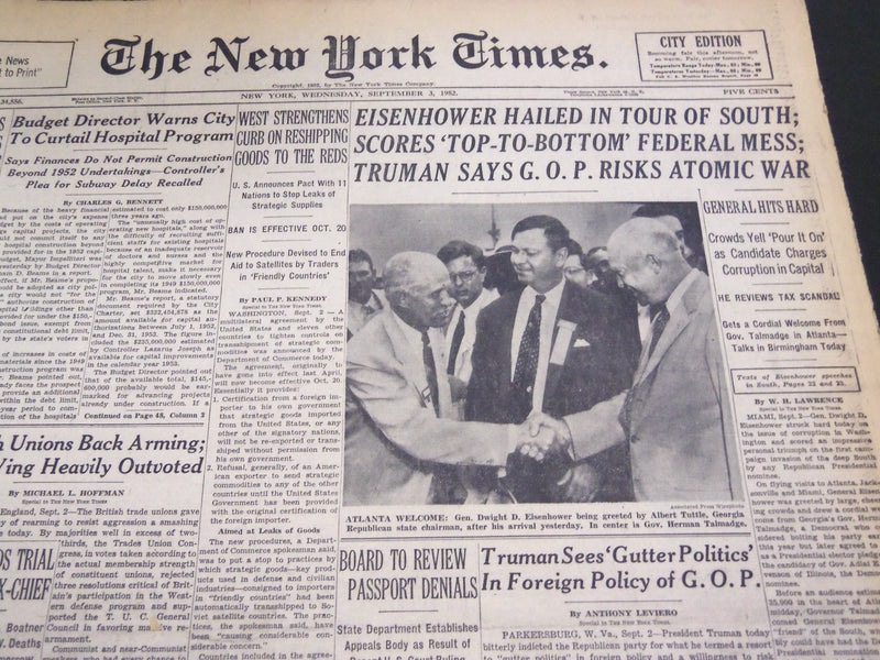 1952 SEPTEMBER 3 NEW YORK TIMES - EISENHOWER HAILED IN TOUR OF SOUTH - NT 4501