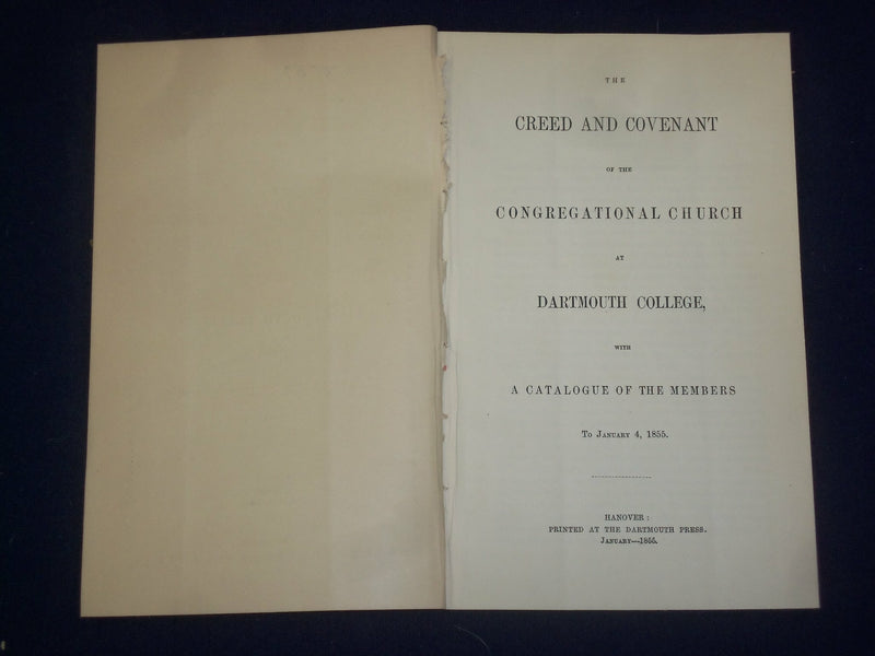 1855 CONGREGATIONAL CHURCH AT DARTMOUTH COLLEGE CREED AND COVENANT - J 4700