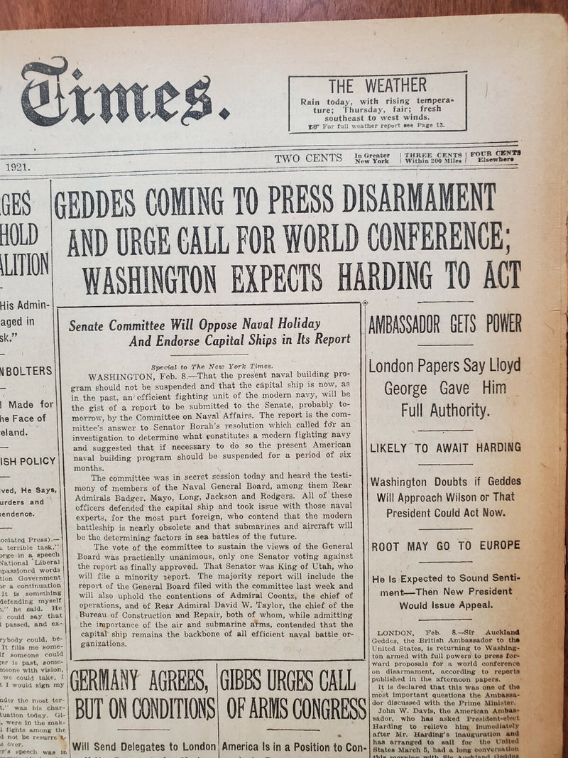 1921 FEBRUARY 9 NEW YORK TIMES - GEDDES COMING TO PRESS DISARMAMENT - NT 8118