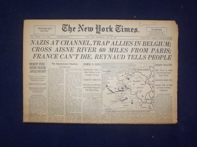 1940 MAY 22 NEW YORK TIMES - NAZIS AT CHANNEL, TRAP ALLIES IN BELGIUM - NP 6495