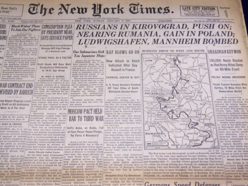 1944 JANUARY 9 NEW YORK TIMES - RUSSIANS NEAR RUMANIA GAIN IN POLAND - NT 2590