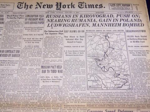 1944 JANUARY 9 NEW YORK TIMES - RUSSIANS NEAR RUMANIA GAIN IN POLAND - NT 2590