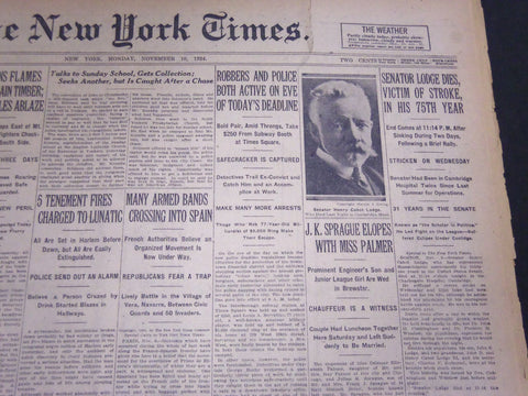 1924 NOVEMBER 10 NEW YORK TIMES - SENATOR LODGE DIES IN HIS 75TH YEAR - NT 5128