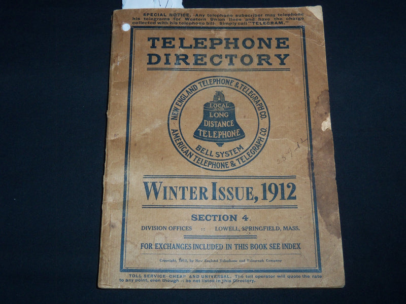 1912 WINTER NEW ENGLAND TELEPHONE DIRECTORY SECTION 4 - J 8816
