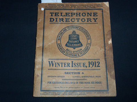 1912 WINTER NEW ENGLAND TELEPHONE DIRECTORY SECTION 4 - J 8816
