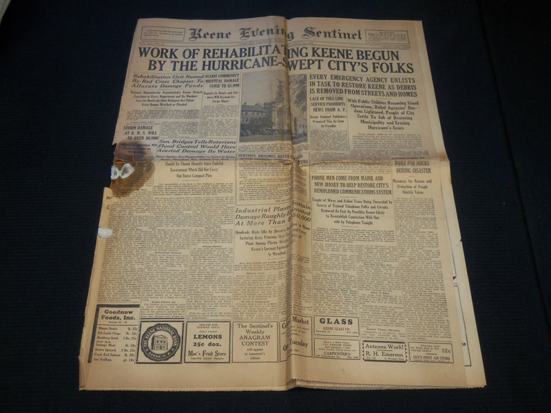 1938 KEENE NEW HAMPSHIRE HURRICANE NEWSPAPERS LOT OF 4 - NP 4252D