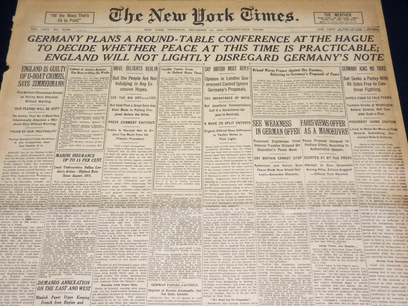 1916 DECEMBER 14 NEW YORK TIMES - GERMANY PLANS CONFERENCE AT THE HAGUE- NT 8635