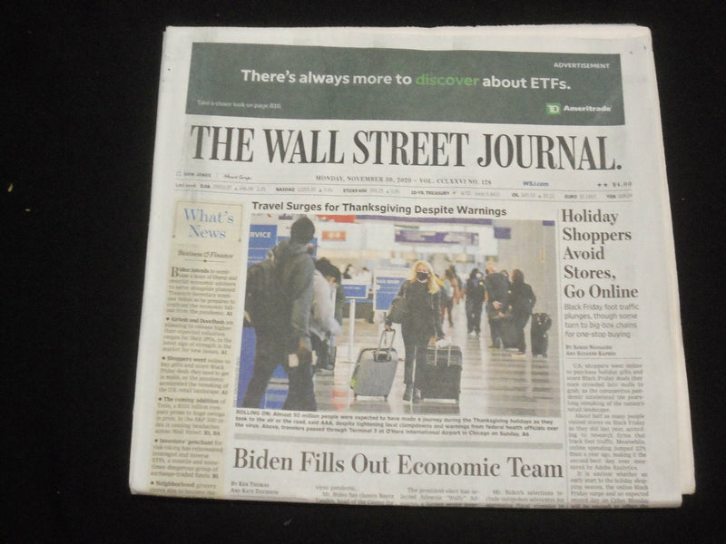 2020 NOVEMBER 30 THE WALL STREET JOURNAL - TRAVEL SURGES FOR THANKSGIVING