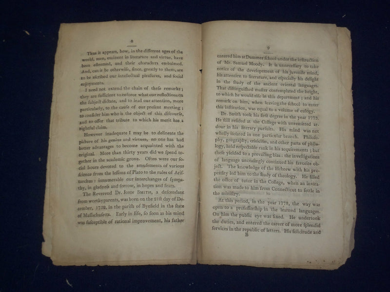 1809 EULOGIUM OF REV. JOHN SMITH - DARTMOUTH COLLEGE - J 4702