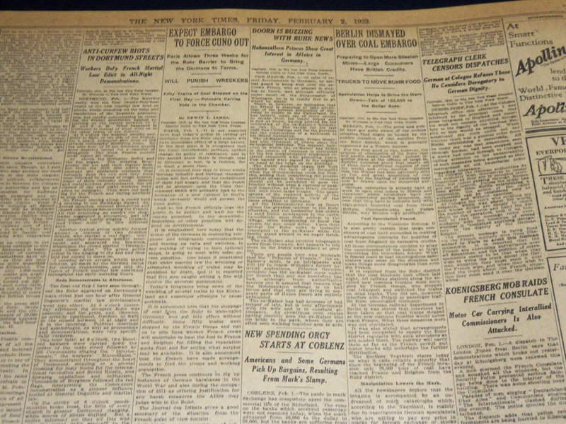 1923 FEBRUARY 2 NEW YORK TIMES - RUHR FEELS PINCH OF EMBARGO - NT 7979