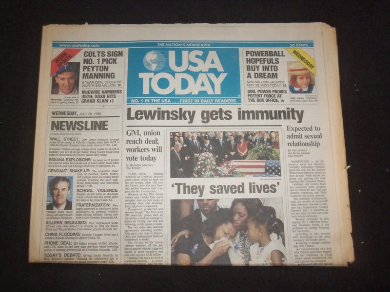 1998 JULY 29 USA TODAY NEWSPAPER - LEWINSKY GETS IMMUNITY - NP 7941