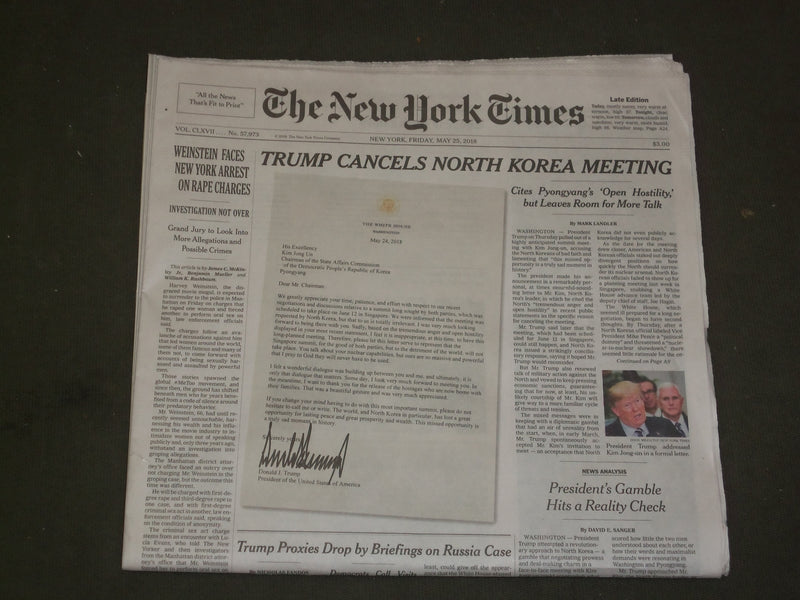 2018 MAY 25 NEW YORK TIMES - TRUMP CANCELS NORTH KOREA MEETING