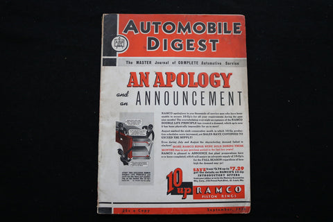 1938 SEP AUTOMOBILE DIGEST MAGAZINE - AN APOLOGY/ANNOUNCEMENT COVER - SP 4183U