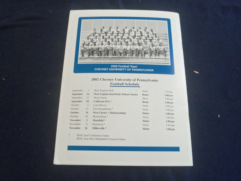 2002 OCT 19 FOOTBALL PROGRAM- CHEYNEY UNIVERSITY VS. WEST CHESTER UNIV- ST 6583V