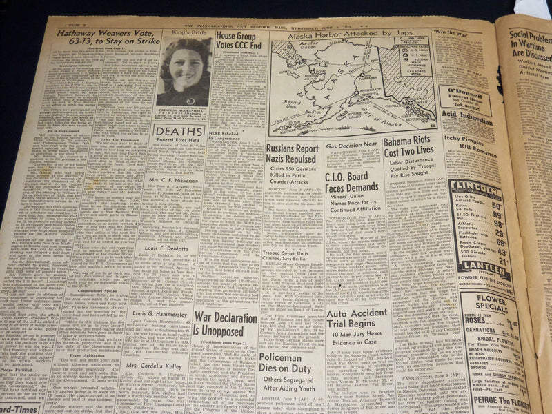 1942 JUNE 3 NEW BEDFORD STANDARD TIMES NEWSPAPER- JAPS BOMB ALASKA BASE- NT 8906