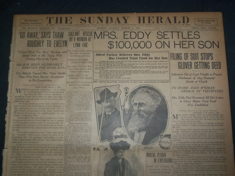1907 MARCH 3 THE BOSTON HERALD - MRS. EDDY SETTLES $100,000 ON HER SON - BH 3