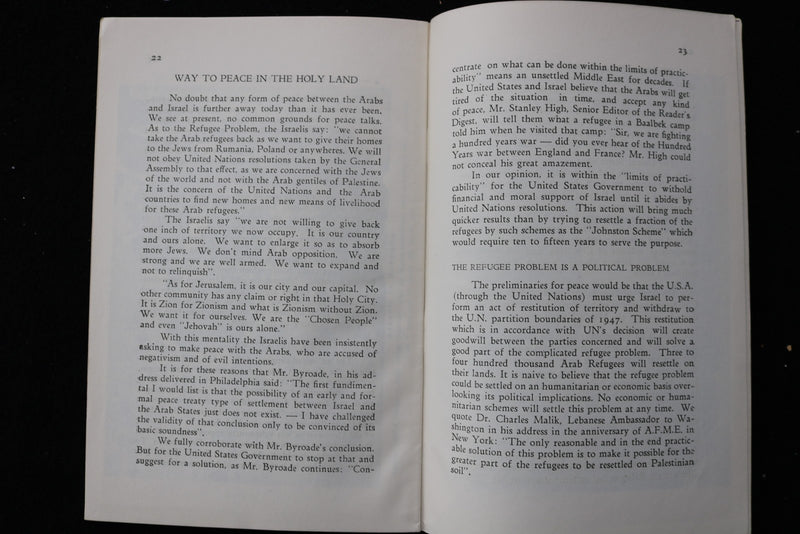 1954 THE WAY TO PEACE IN THE HOLY LAND - PALESTINE - SOFTCOVER BOOK - K 3064