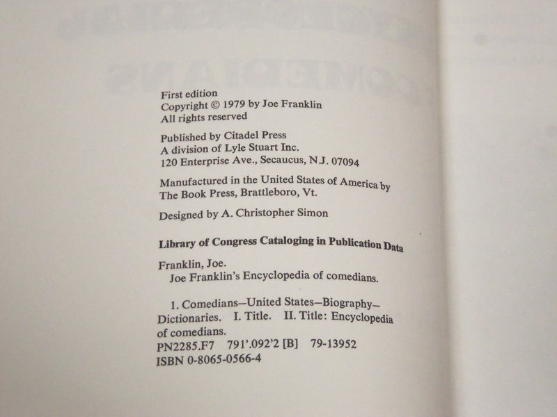 1979 JOE FRANKLIN'S ENCYCLOPEDIA OF COMEDIANS BOOK - FIRST EDITION - KD 202