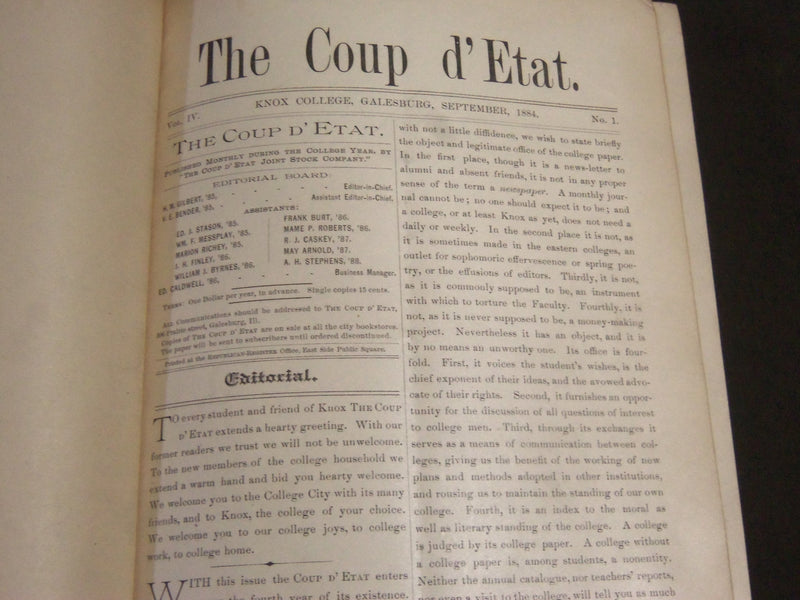 1884-1887 THE COUP D'ETAT KNOX COLLEGE BOUND VOLUME 4/6 - GALESBURG ILL- KD 4412