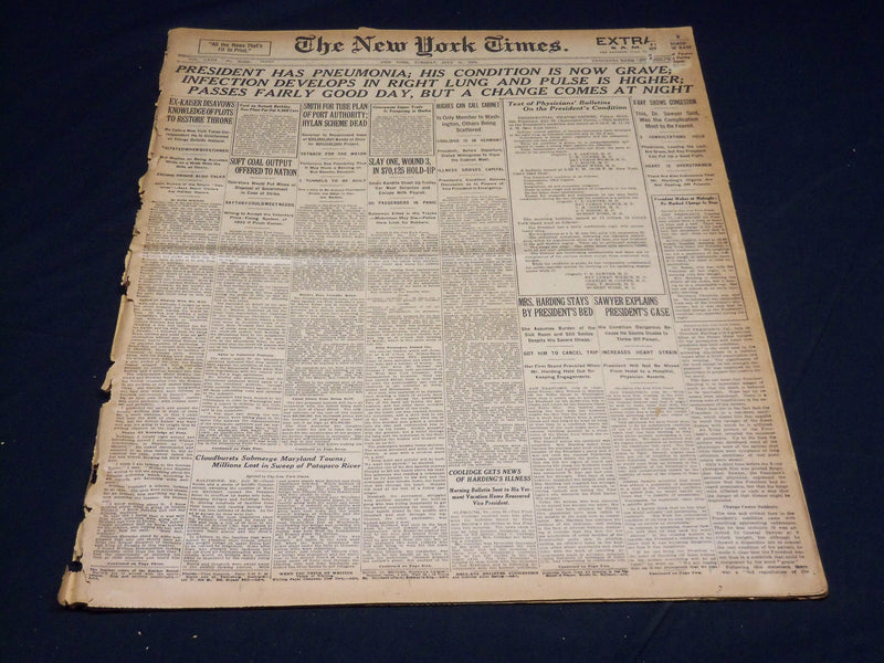 1923 JULY 31 NEW YORK TIMES - PRESIDENT HAS PNEUMONIA - CONDITION GRAVE- NT 7750