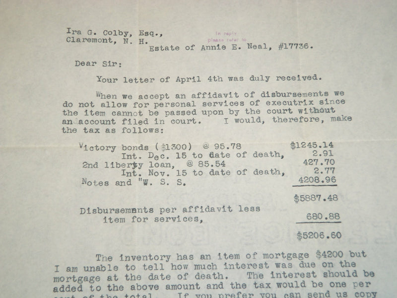 1921 NEW HAMPSHIRE ATTORNEY GENERAL'S OFFICE TYPED LETTER - J 5367