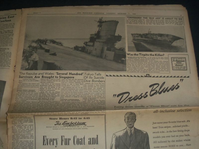 1941 DEC 11 SAN FRANCISCO CHRONICLE BOMBERS FIRE BATTLESHIP - SUPERMAN - NP 3651