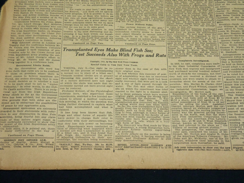 1921 JULY 6 NEW YORK TIMES - TRANSPLANTED EYES MAKE BLIND FISH SEE - NT 8695