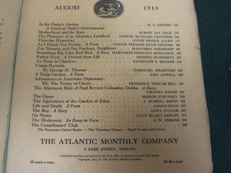 1914 THE ATLANTIC MONTHLY MAGAZINE LOT 6 ISSUES - STORIES & ARTICLES - WR 341C