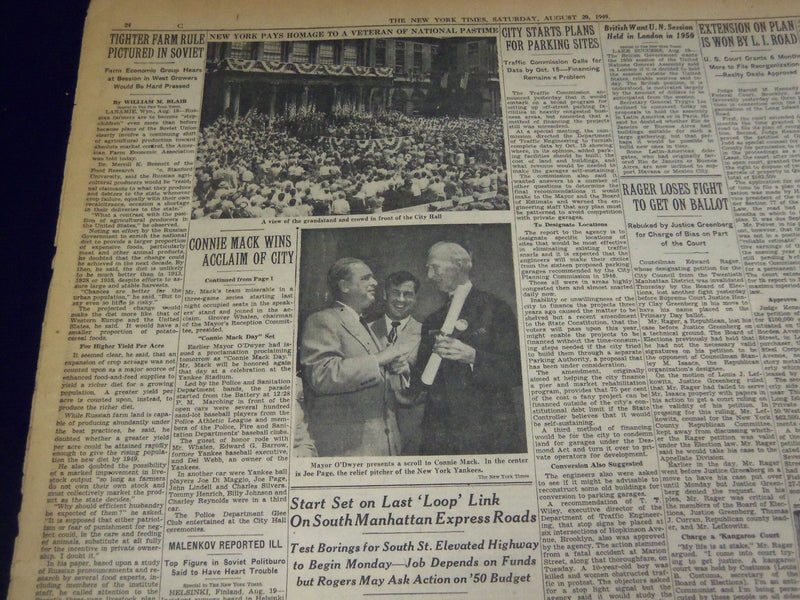 1949 AUG 20 NEW YORK TIMES - 300,000 HAIL CONNIE MACK, MERIT AWARD - NT 1509