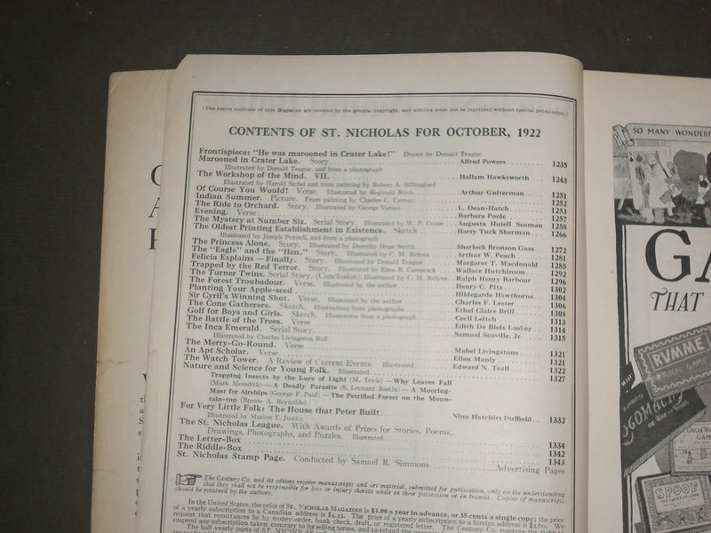 1922 OCTOBER ST. NICHOLAS MAGAZINE - ILLUSTRATIONS, STORIES & ADS - B 4626