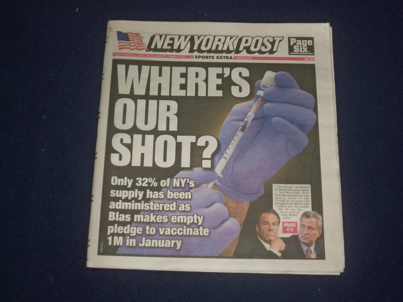 2021 JANUARY 1 NEW YORK POST NEWSPAPER - ONLY 32% OF NY VACCINES ADMINISTERED