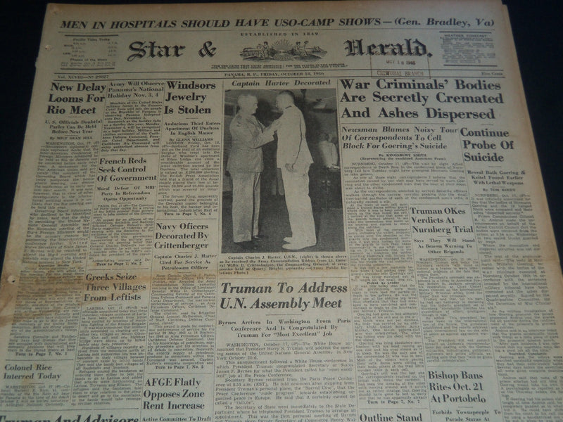 1946 OCT 18 PANAMA STAR & HERALD - WAR CRIMINALS BODIES CREMATED - NT 7546