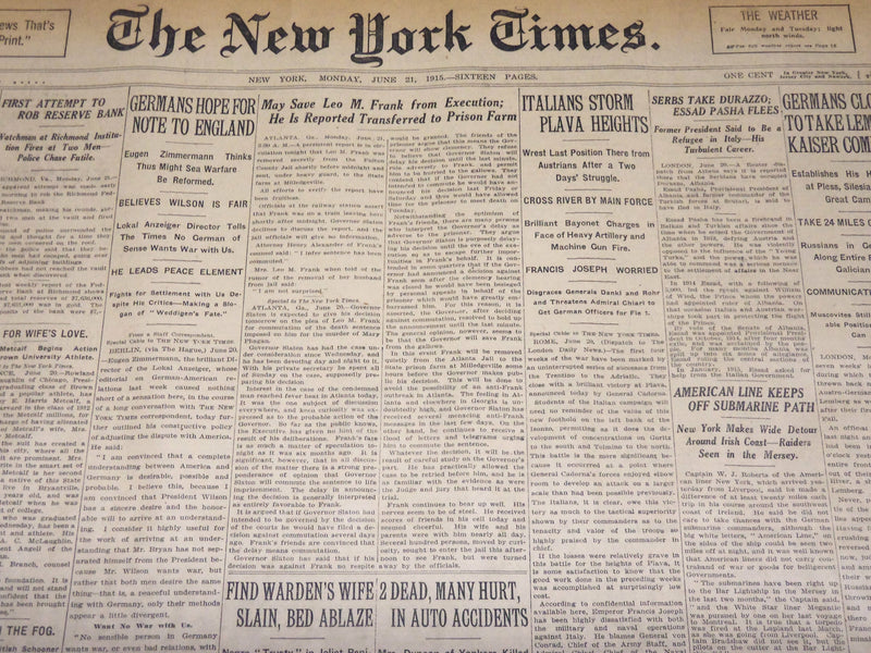 1915 JUNE 21 NEW YORK TIMES NEWSPAPER - ITALIANS STORM PLAVA HEIGHTS - NT 7712