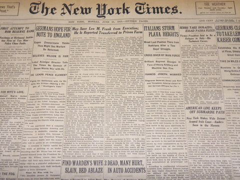 1915 JUNE 21 NEW YORK TIMES NEWSPAPER - ITALIANS STORM PLAVA HEIGHTS - NT 7712