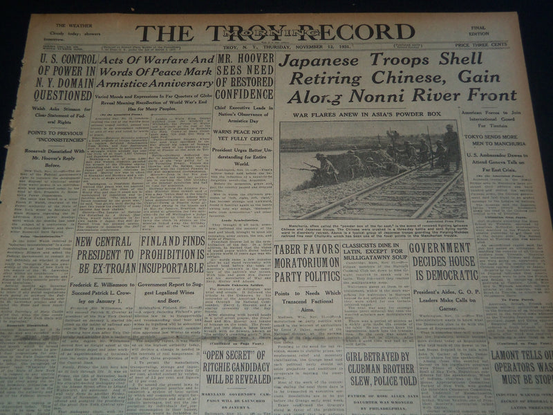 1931 NOV 12 TROY MORNING RECORD - JAPANESE TROOPS SHELL CHINESE - NT 7483