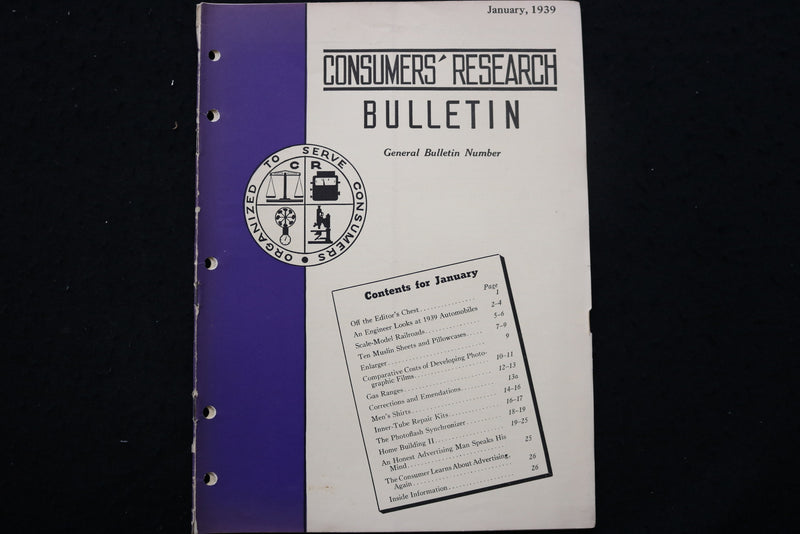 1939 JANUARY CONSUMERS' RESEARCH BULLETIN MAGAZINE - SP 4179A