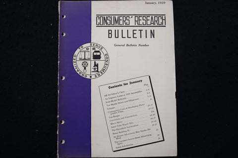 1939 JANUARY CONSUMERS' RESEARCH BULLETIN MAGAZINE - SP 4179A