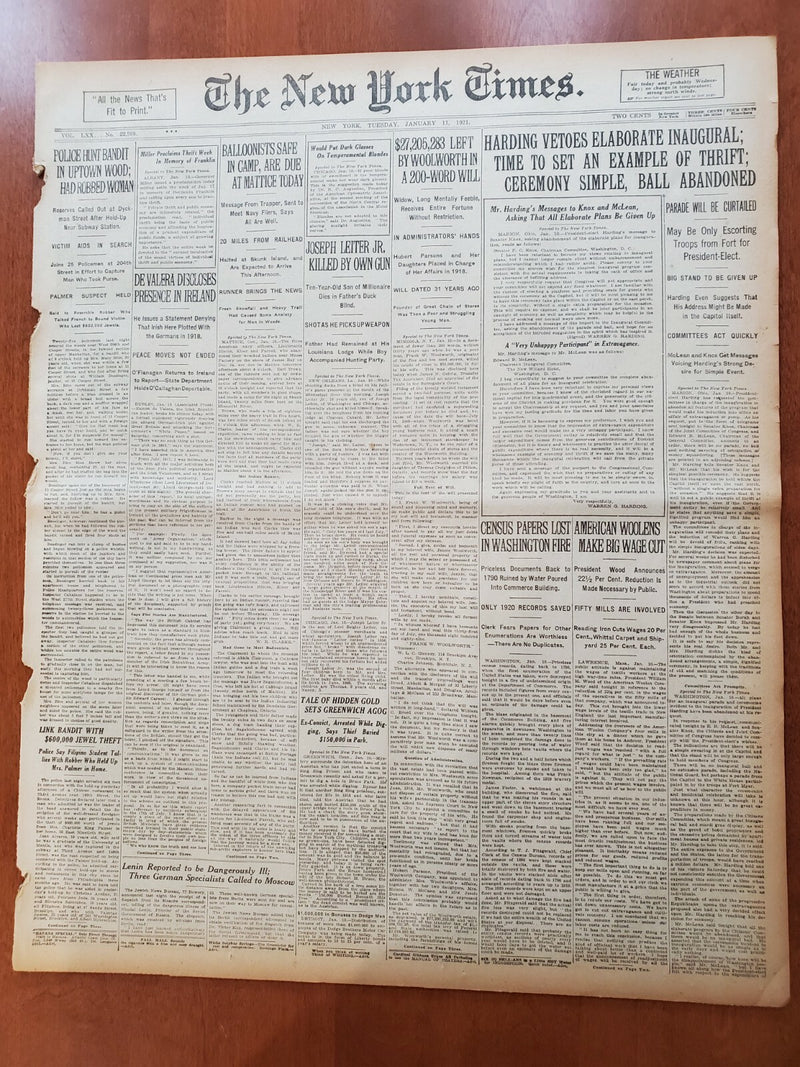 1921 JANUARY 11 NEW YORK TIMES - HARDING VETOES ELABORATE INAUGURAL - NT 8090